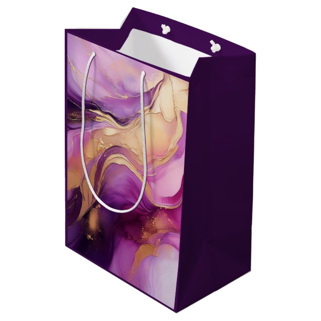 Sacola Para Presentes Média Rosa Roxo Moderno e Dourado- (Verso inclinado)