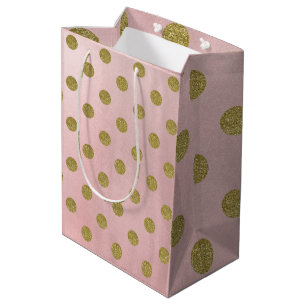Sacola Para Presentes Média Rosa Suave Brilho Dourado Glam Pontos de Bolha Fes