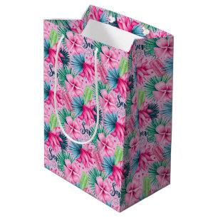 Sacola Para Presentes Média Rosa Verde Azul Floral Brilhante Tropical Aniversá