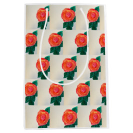Sacola Para Presentes Média Rosa Vermelha com Folhas Verdes