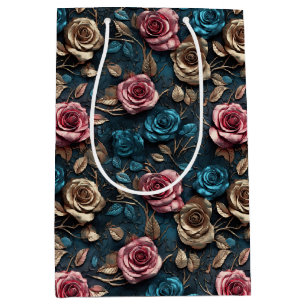 Sacola Para Presentes Média Rosas Azul Dourados, cor-de-rosa bonito