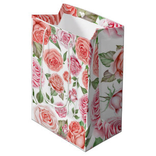 Sacola Para Presentes Média Rosas Cor-de-Coral Rosa Folhagens Folhas Lembranci