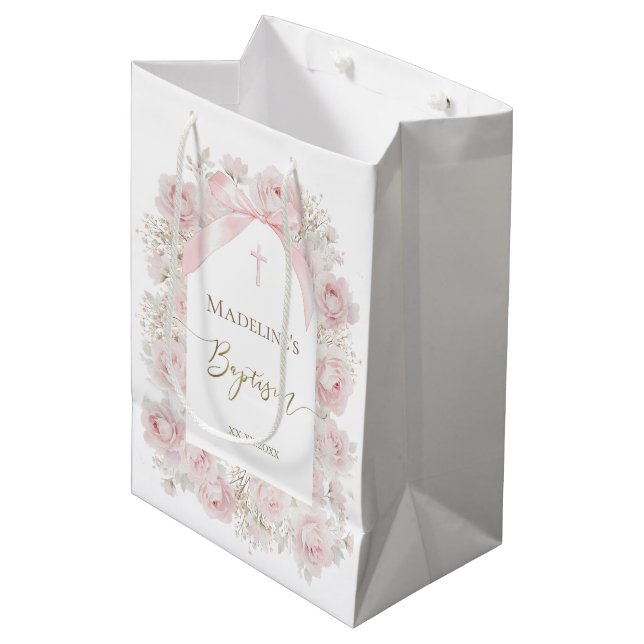 Sacola Para Presentes Média rosas cor-de-rosa | Batismo (Frente inclinada)