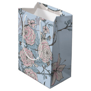 Sacola Para Presentes Média Rosas cor-de-rosa e estilo asiático em azul