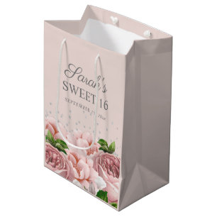 Sacola Para Presentes Média Rosas Cor-de-Rosa Florais Brilho Prata Doce 16