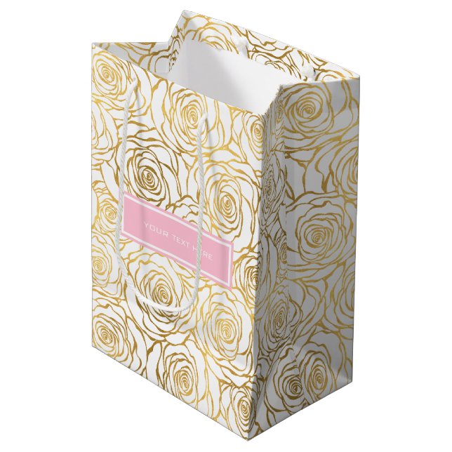 Sacola Para Presentes Média Rosas Dourados com rosa (Frente inclinada)