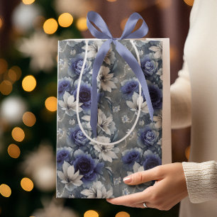 Sacola Para Presentes Média Rosas e Lírios Azuis e Brancos Elegantes