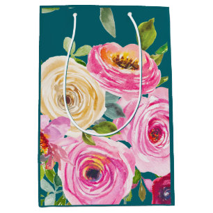 Sacola Para Presentes Média Rosas em Aquarela em Rosa e Creme sobre Azul Turqu