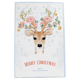 Sacola Para Presentes Média Rosas Holly de Natal Flocos de Neve Contorno Azul