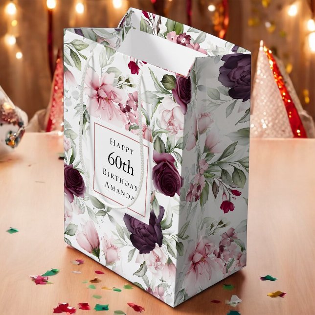 Sacola Para Presentes Média Rosas Românticos Aquarela Botânica 60º Aniversário (Criador carregado)