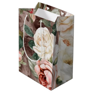 Sacola Para Presentes Média Rosas Rosa e Brancas Delicadas Vintage