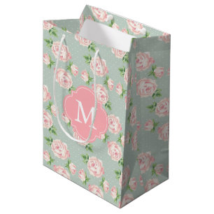 Sacola Para Presentes Média Rosas rosa e mint Vintage padrão monograma