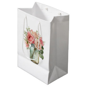 Sacola Para Presentes Média Rosas Rosa Floral Mason Jar
