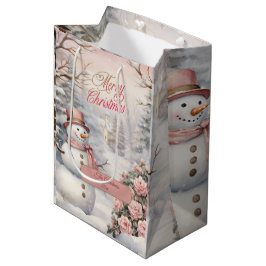 Sacola Para Presentes Média Rosas Rosa Vintage, Vila de Natal Snowman