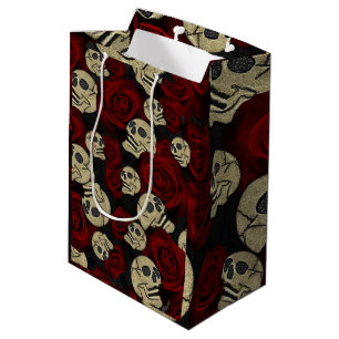 Sacola Para Presentes Média Rosas Vermelhas & Caveiras Cinza Preto Floral Góti