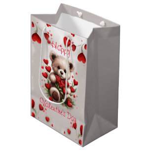 Sacola Para Presentes Média Roses & Hearts Urso Teddy Fofo Dia dos Namorados
