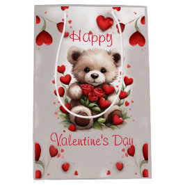 Sacola Para Presentes Média Roses & Hearts Urso Teddy Fofo Dia dos Namorados