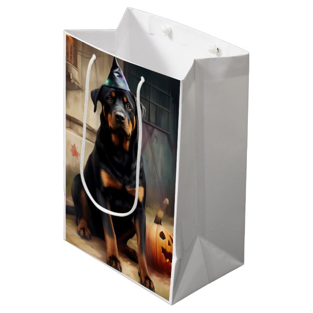 Sacola Para Presentes Média Rottweiler Pumpkins Halloween Assustado (Frente inclinada)