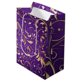 Sacola Para Presentes Média Roxo Real Luxuoso e Dourado Damasco Padrão