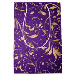 Sacola Para Presentes Média Roxo Real Luxuoso e Dourado Damasco Padrão