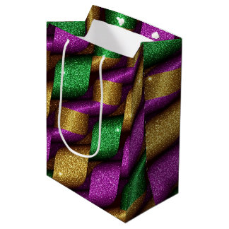 SACOLA PARA PRESENTES MÉDIA ROXO VERDE OURO BRILHO OLHAR MARDI GRAS