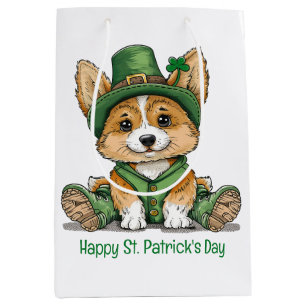 Sacola Para Presentes Média Rua Feliz, Cachorro Corgi Dia de Patrick