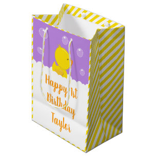 Sacola Para Presentes Média Rubber Ducky Amarelo e Roxo Feliz Aniversário