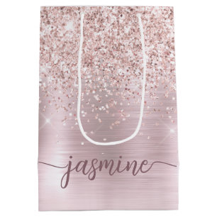 Sacola Para Presentes Média Rubor Girly Rosa Dourado Brilho Monograma Nome Scr