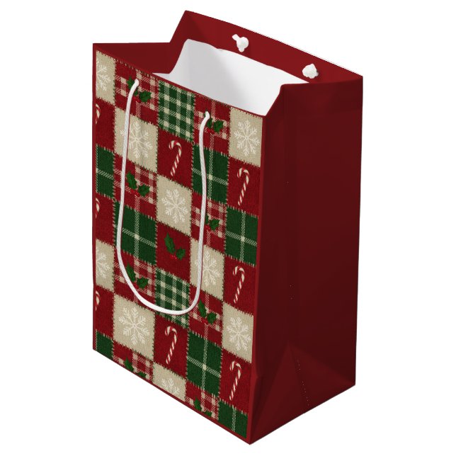 Sacola Para Presentes Média Rustic Christmas Quilt Plaid (Frente inclinada)