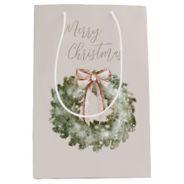 Sacola Para Presentes Média Rustic Christmas Watercolor Wreath and Bow