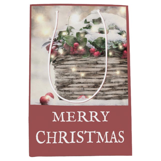 Sacola Para Presentes Média Rustic Felry Christmas Holly Berry Basket (Frente)