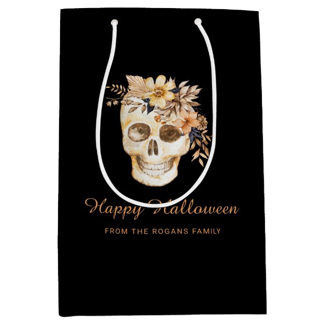 Sacola Para Presentes Média Rustic Floral Skull Halloween (Frente)