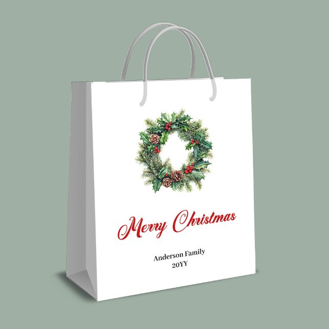 Sacola Para Presentes Média Rustic pine wreath Christmas gift bag custom (Rustic pine wreath Christmas gift bag custom)