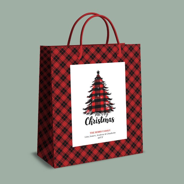 Sacola Para Presentes Média Rustic red black tartan Christmas gift bag custom (Rustic red black tartan Christmas gift bag custom)