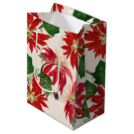 Sacola Para Presentes Média Rustic Red Watercolor Poinsettia Floral Greenery