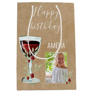 Sacola Para Presentes Média Rustic Red Wine Rosa Watercolor Foto Aniversário