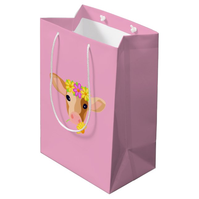 Sacola Para Presentes Média Saca de Presente Bezerro Fofo em Fundo Rosa (Verso inclinado)