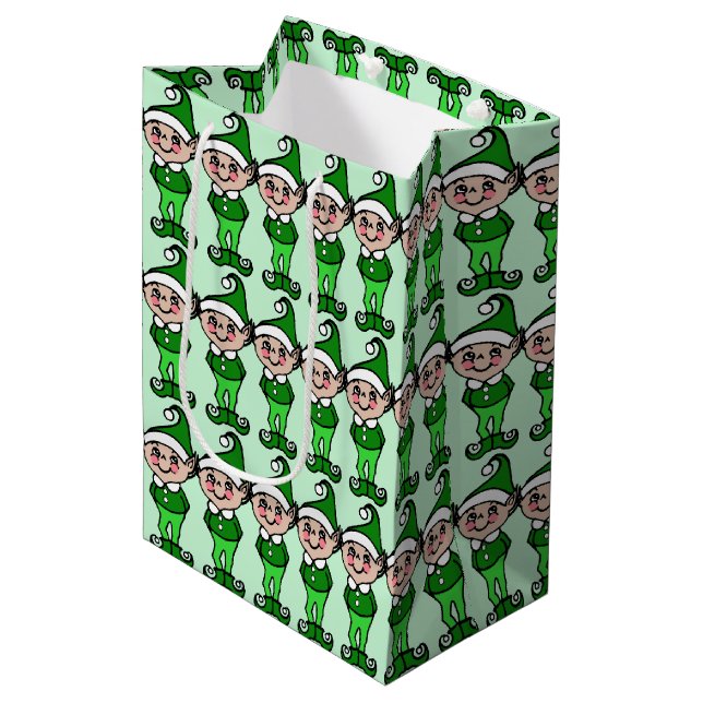 Sacola Para Presentes Média Saca de Presente de Natal Verde dos Elfos Retro Fo (Frente inclinada)