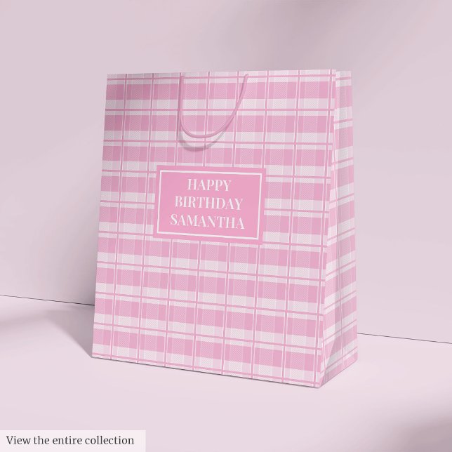 Sacola Para Presentes Média Saca de Presente Personalizada Clássico com Acabam (Personalized Gift Bag Classic Pink Plaid Accent)