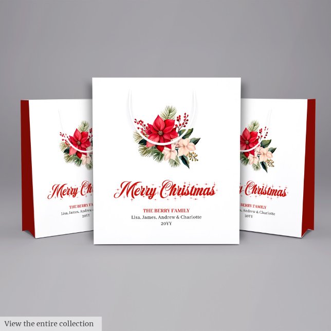 Sacola Para Presentes Média Sacas de Presente de Natal com Flores em Aquarela  (Classic Watercolor Christmas Flower Gift Bag)
