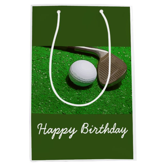 Sacola Para Presentes Média Saco de aniversário feliz de golfe com bola de gol (Frente)
