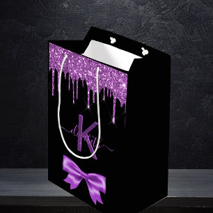 Sacola Para Presentes Média Saco de favor Monograma preto roxo brilhante obrig