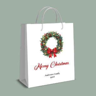 Sacola Para Presentes Média Saco de grinalda de Natal clássico com bagas e pin