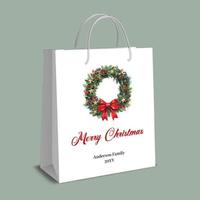Sacola Para Presentes Média Saco de grinalda de Natal clássico com bagas e pin (Classic Christmas wreath bag with berries and pine)