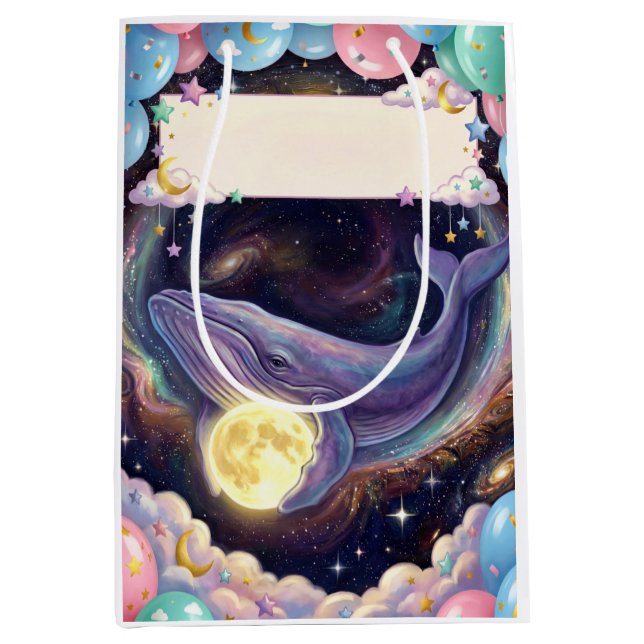 Sacola Para Presentes Média Saco de Presente Artístico de Baleia e Lua para Qu (Frente)