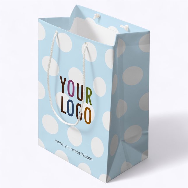 Sacola Para Presentes Média Saco de Presente Azul Claro com Pontos 25 cm Logo  (MISOOK 7 x 4.5 x 10 inch Light Blue Polka Dot Gift Bag with Logo)