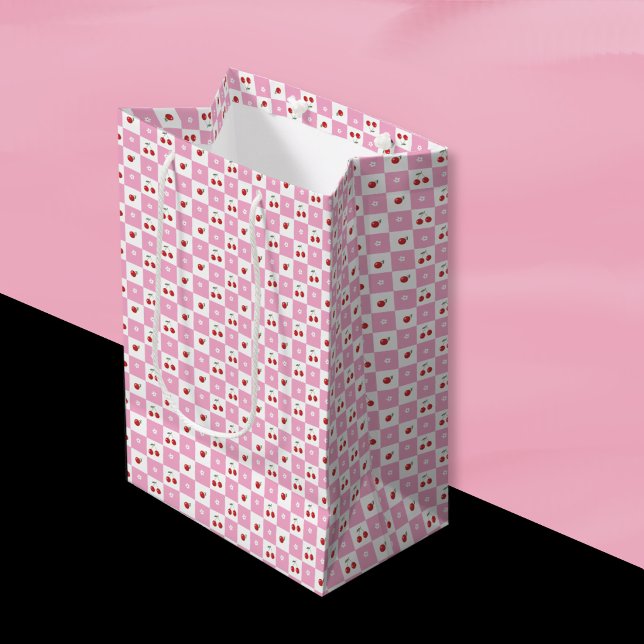 Sacola Para Presentes Média Saco de Presente com Padrão Xadrez Rosa e Branco d (Cute pink and white cherry theme gift bag . )