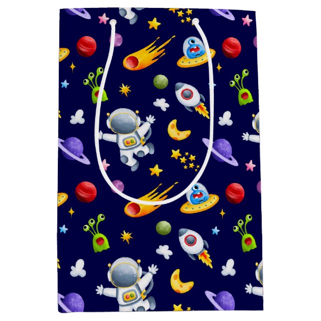 Sacola Para Presentes Média Saco de Presente de Alienígenas Astronautas Espaci (Frente)