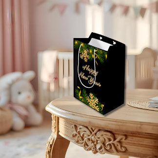 Sacola Para Presentes Média Saco de Presente de Ano Novo Preto e Dourado Elega