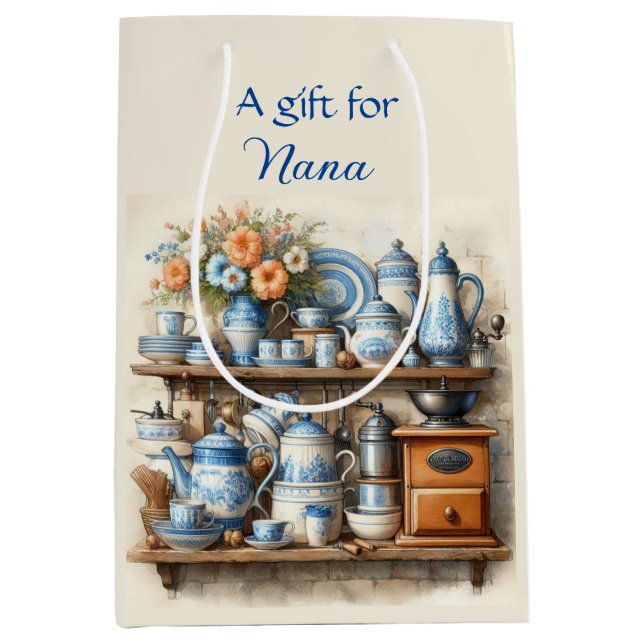 Sacola Para Presentes Média Saco de Presente de Conjunto de Café Azul e Branco (Frente)